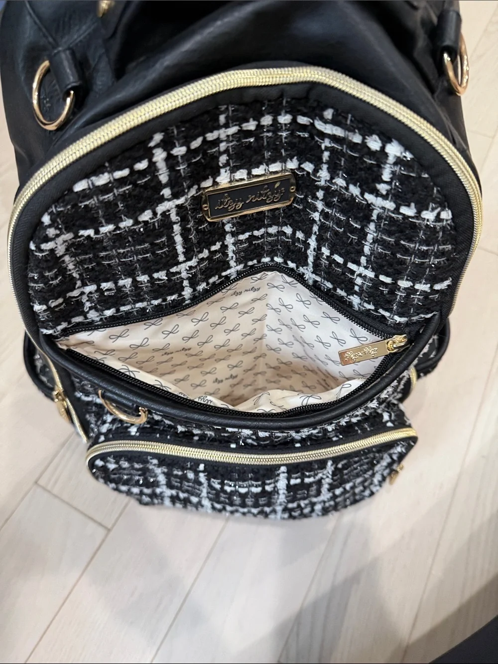 Itzy Ritzy Black & White Tweed Diaper Backpack with Gold Hardware